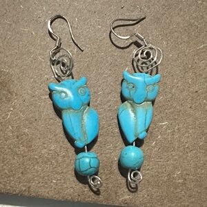 925 Wire Genuine Turquoise Owl Earrings